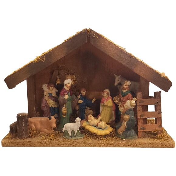 Vintage Christmas 11-Piece Nativity Set Static Ceramic Wood Creche Stable Manger - Picture 1 of 4